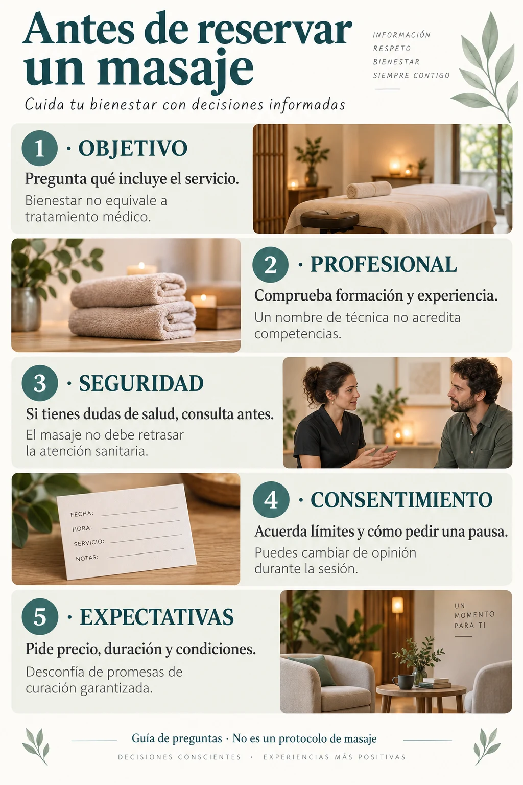 Cinco preguntas sobre objetivo, formación, seguridad, consentimiento y expectativas