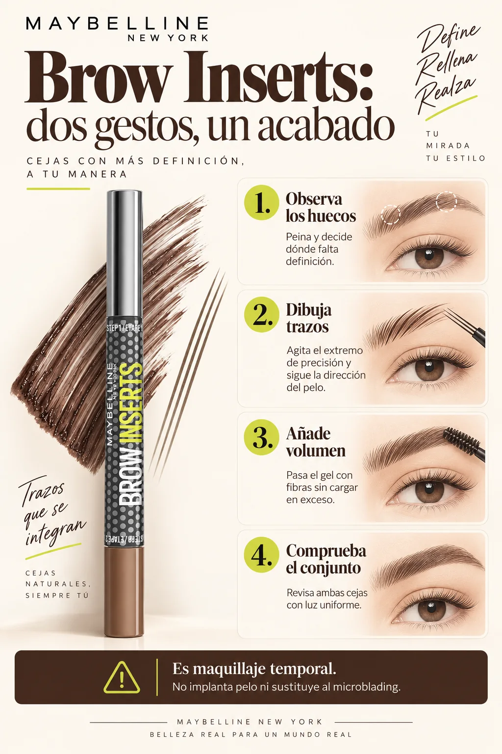 Infografía de cuatro pasos para definir las cejas con Brow Inserts
