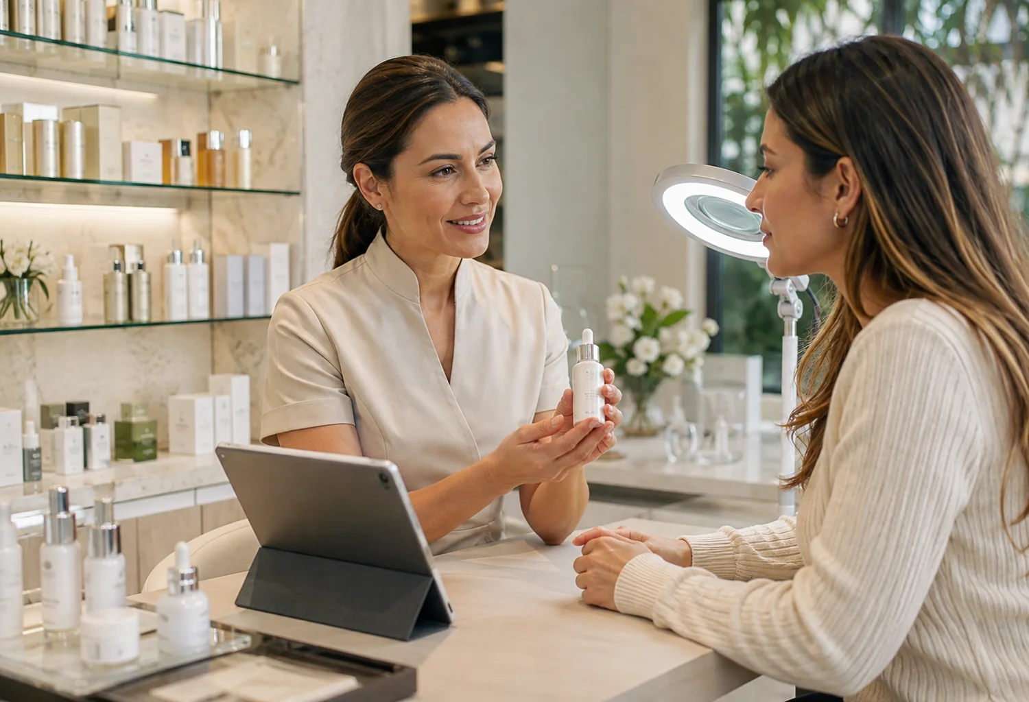 Profesional de estética presenta un sérum a una clienta en un espacio entre clínica y tienda