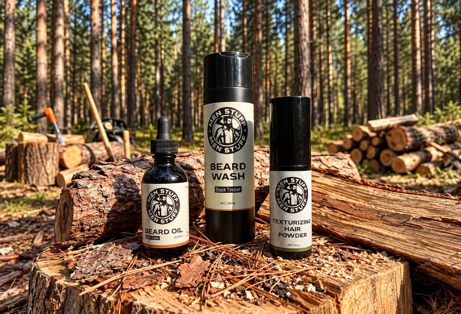 Aceite, limpiador y polvo texturizante MEN STUFF con logos visibles