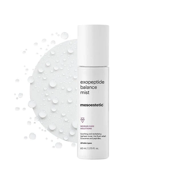 Envase blanco de Exopeptide Balance Mist de 80 ml sobre una textura de gotas