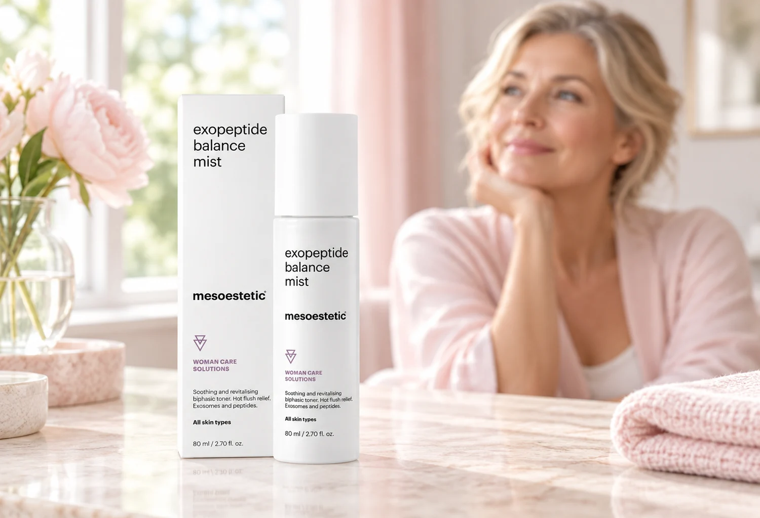 Bruma Exopeptide Balance Mist de mesoestetic con su caja en primer plano