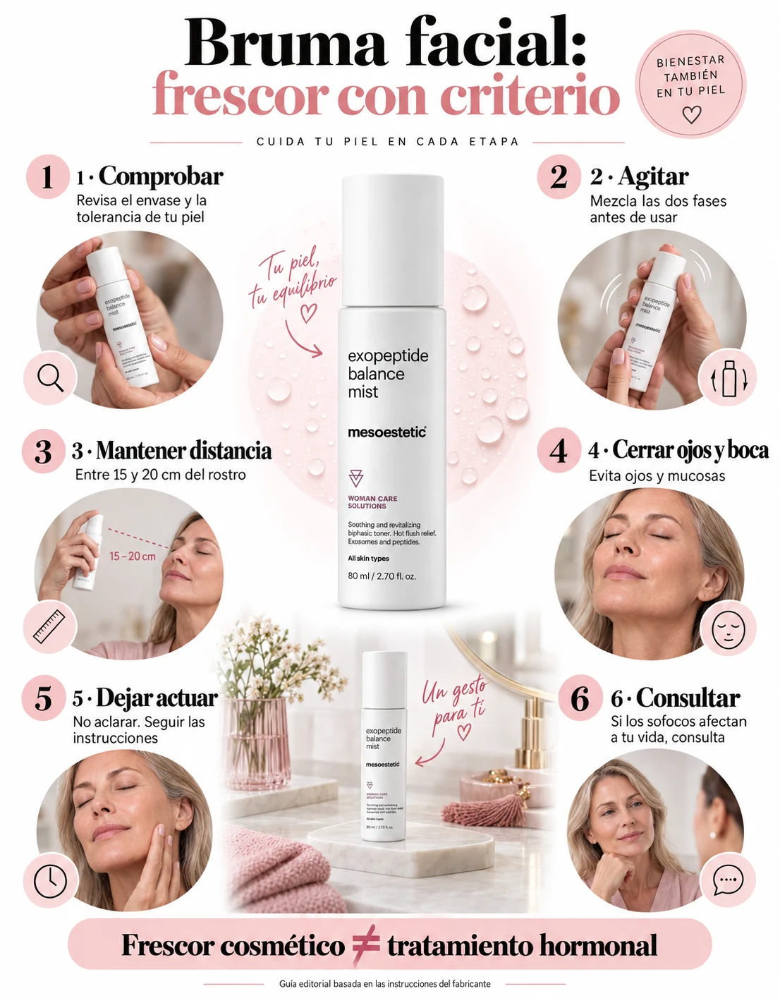 Seis pasos de uso de una bruma facial y diferencia entre frescor cosmético y tratamiento hormonal