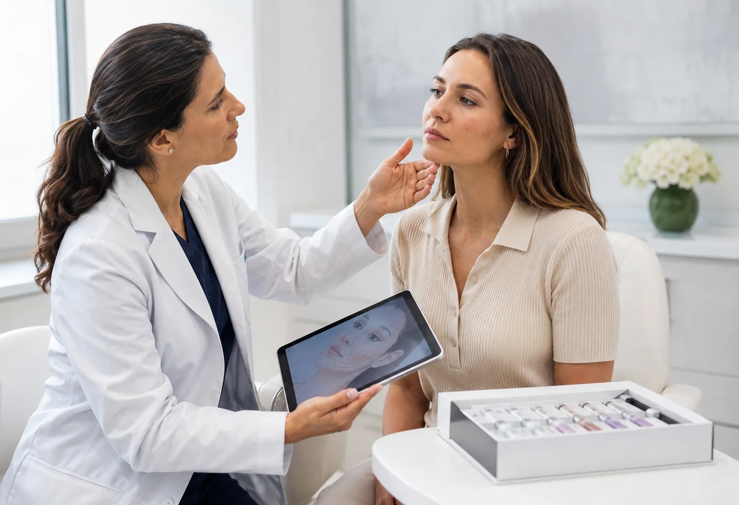 Profesional médico evalúa el rostro de una paciente antes de un tratamiento con mesofiller nexha