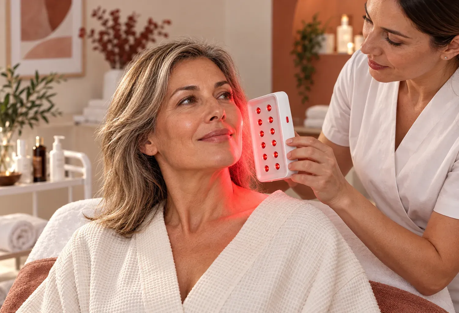 Profesional aplica fotobiomodulación con MFXPROMini a una mujer durante la menopausia