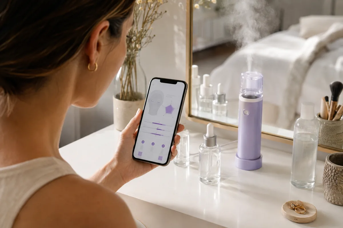 Mujer consulta una aplicación de skincare junto a un dispositivo de bruma y sérums