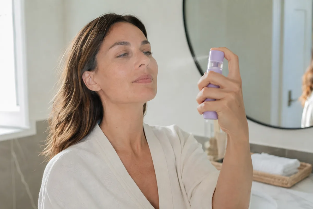 Mujer aplicando una bruma facial con un dispositivo portátil durante su rutina de cuidado