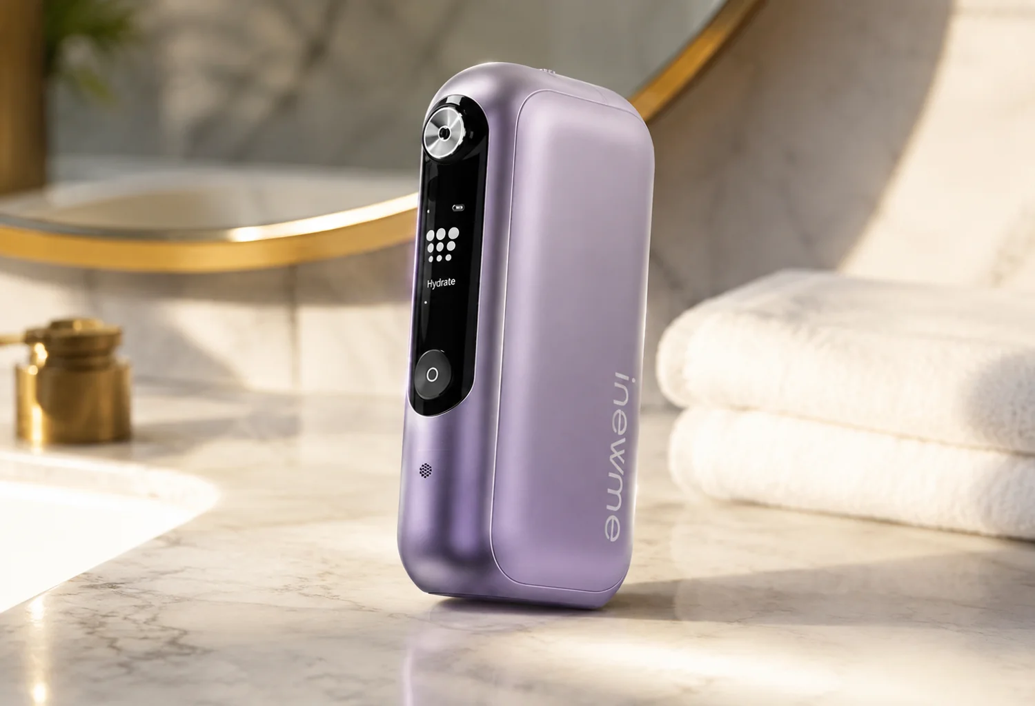 NanoHydra Pro morado sobre una encimera de cuidado facial
