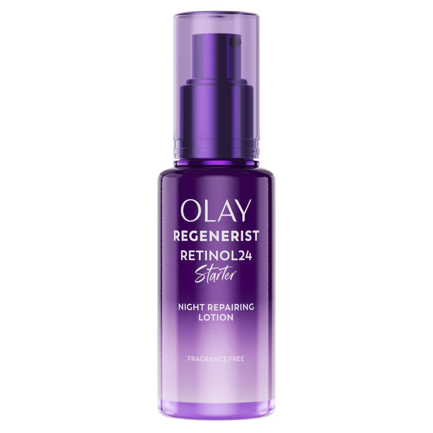 Envase violeta de OLAY Regenerist Retinol24 Starter Night Repairing Lotion