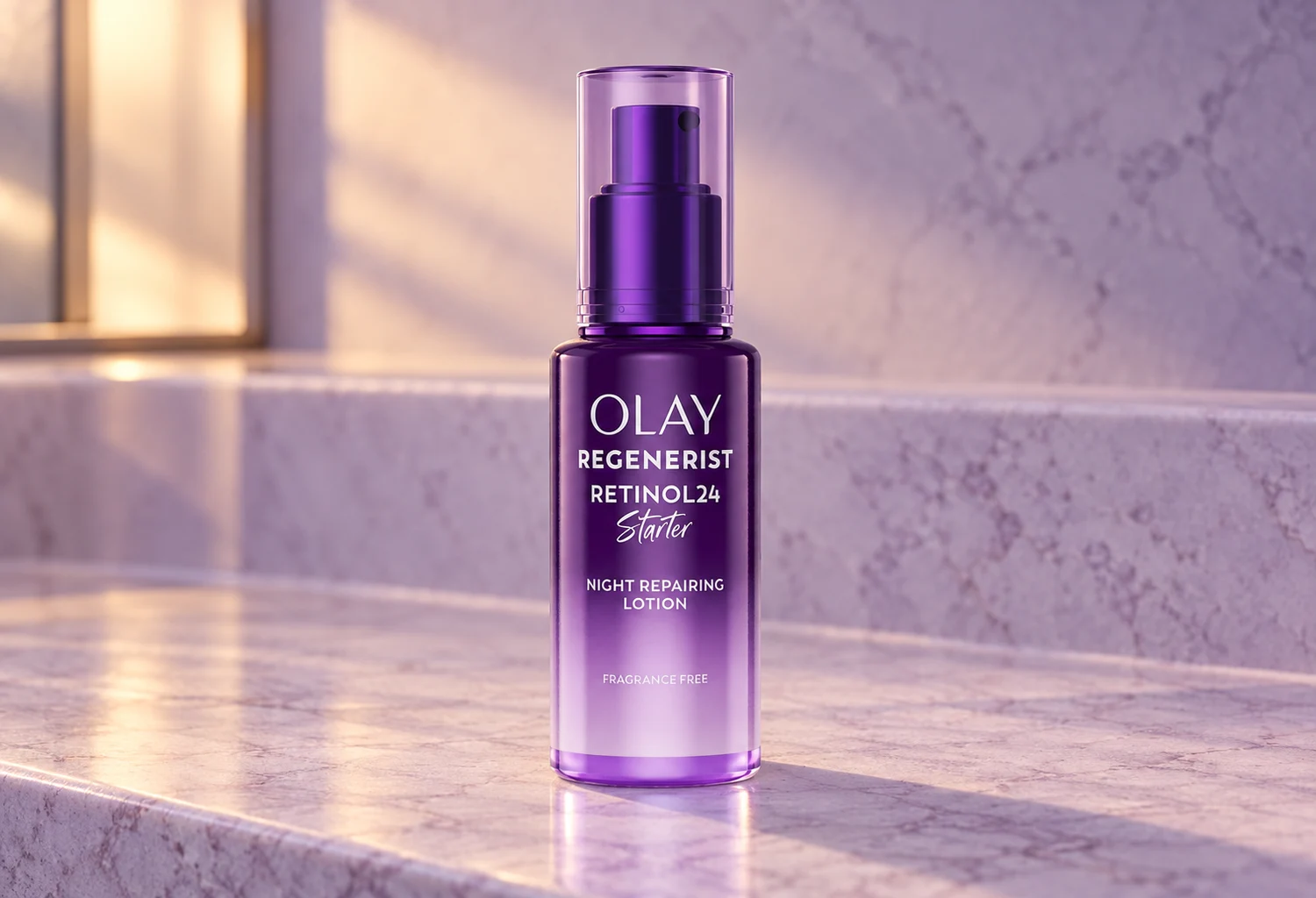 Loción OLAY Retinol24 Starter en su envase violeta sobre una encimera