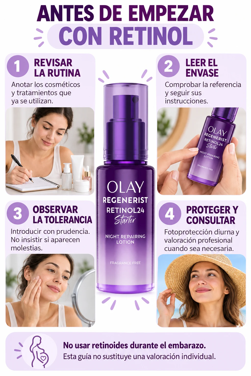 Infografía sobre revisión de rutina, etiquetado, tolerancia y protección solar