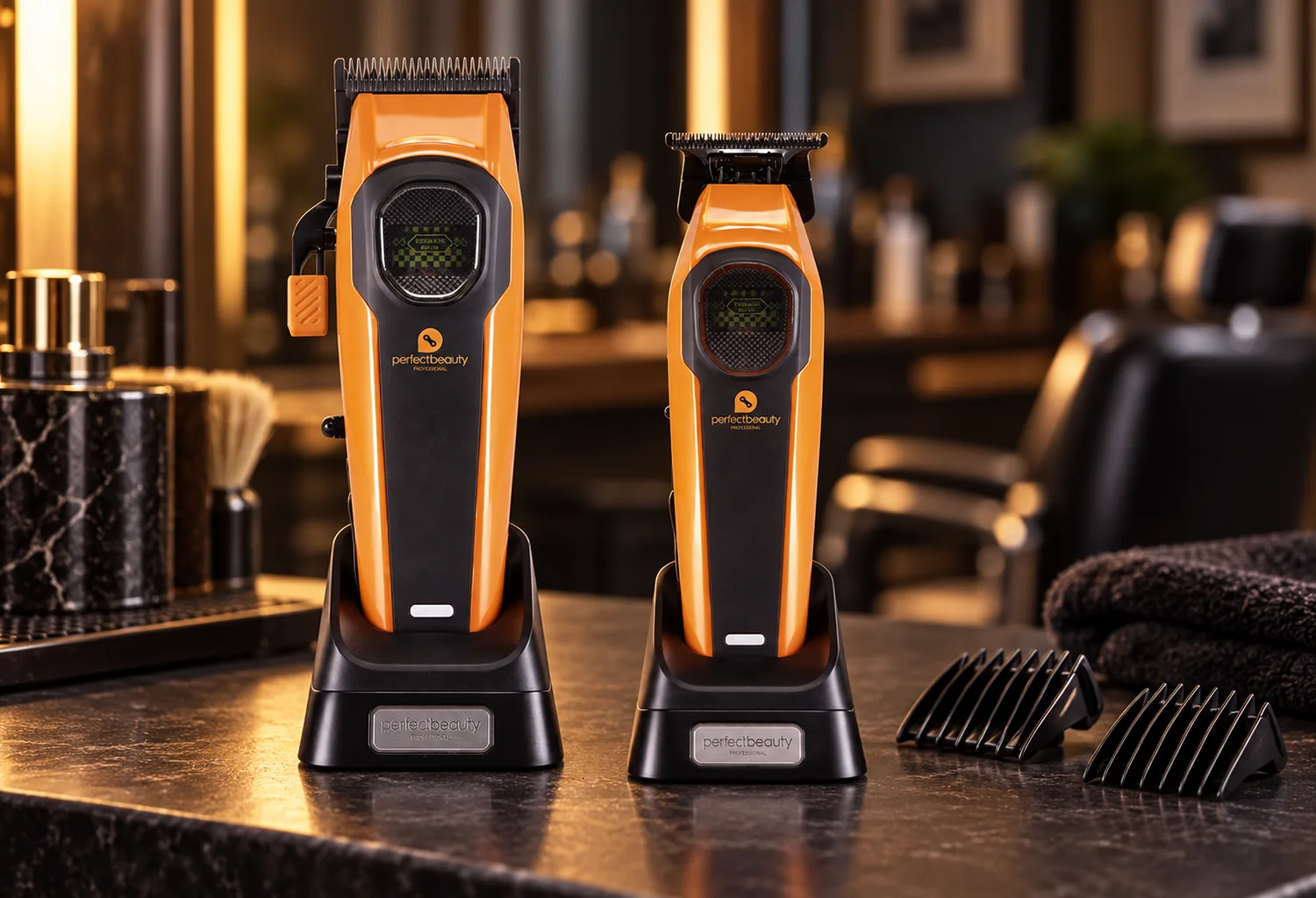 Clipper y trimmer Orbis Beam en una composición de barbería