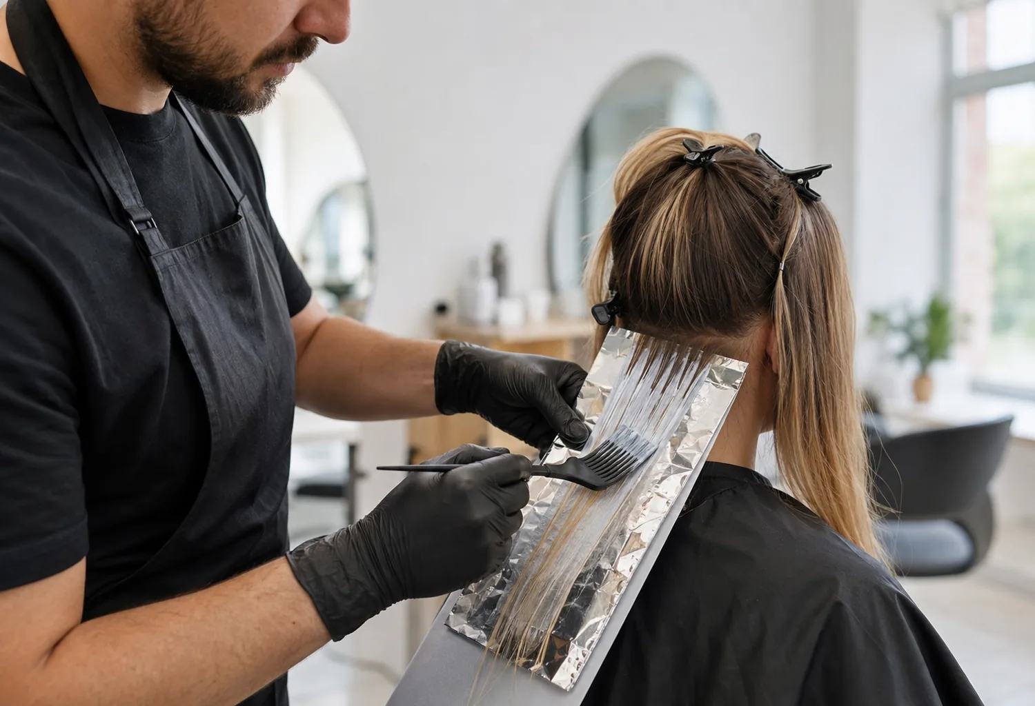 Peluquero con guantes aplicando decolorante sobre una sección de cabello con papel de aluminio