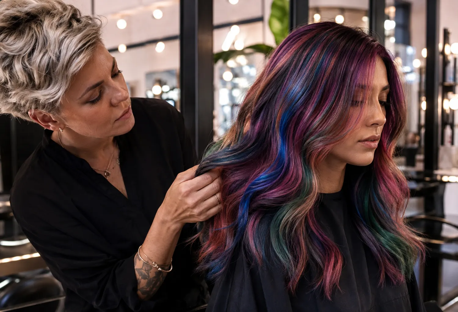 Profesional revisa un cabello multicolor inspirado en los nuevos tonos semipermanentes de Pulp Riot