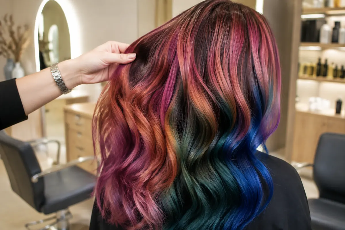 Cabello ondulado con mezcla de tonos rosa terracota verde azul y violeta