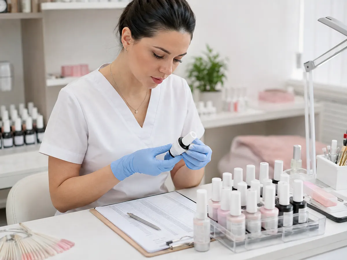 Técnica de uñas revisando el listado de ingredientes de esmaltes de gel