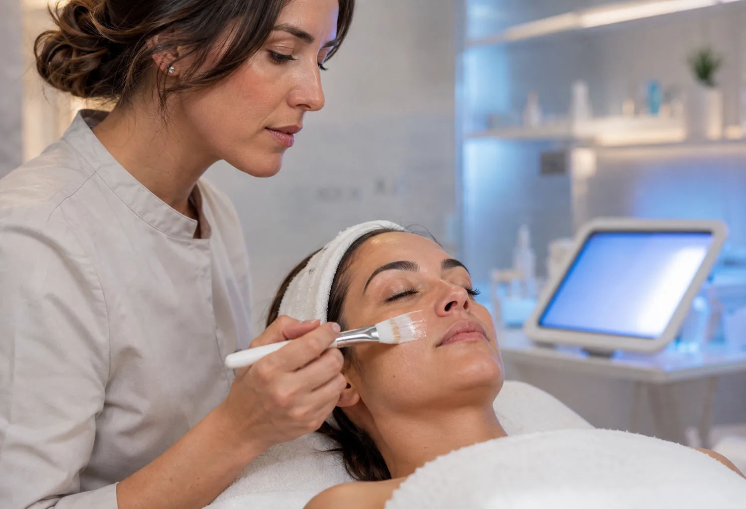 Profesional de estética aplica un tratamiento facial junto a una pantalla con luz azul