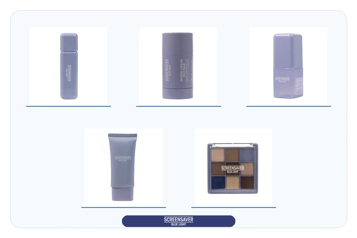 Productos reales de la línea Screensaver: labial, bálsamo, spray, primer y paleta de sombras