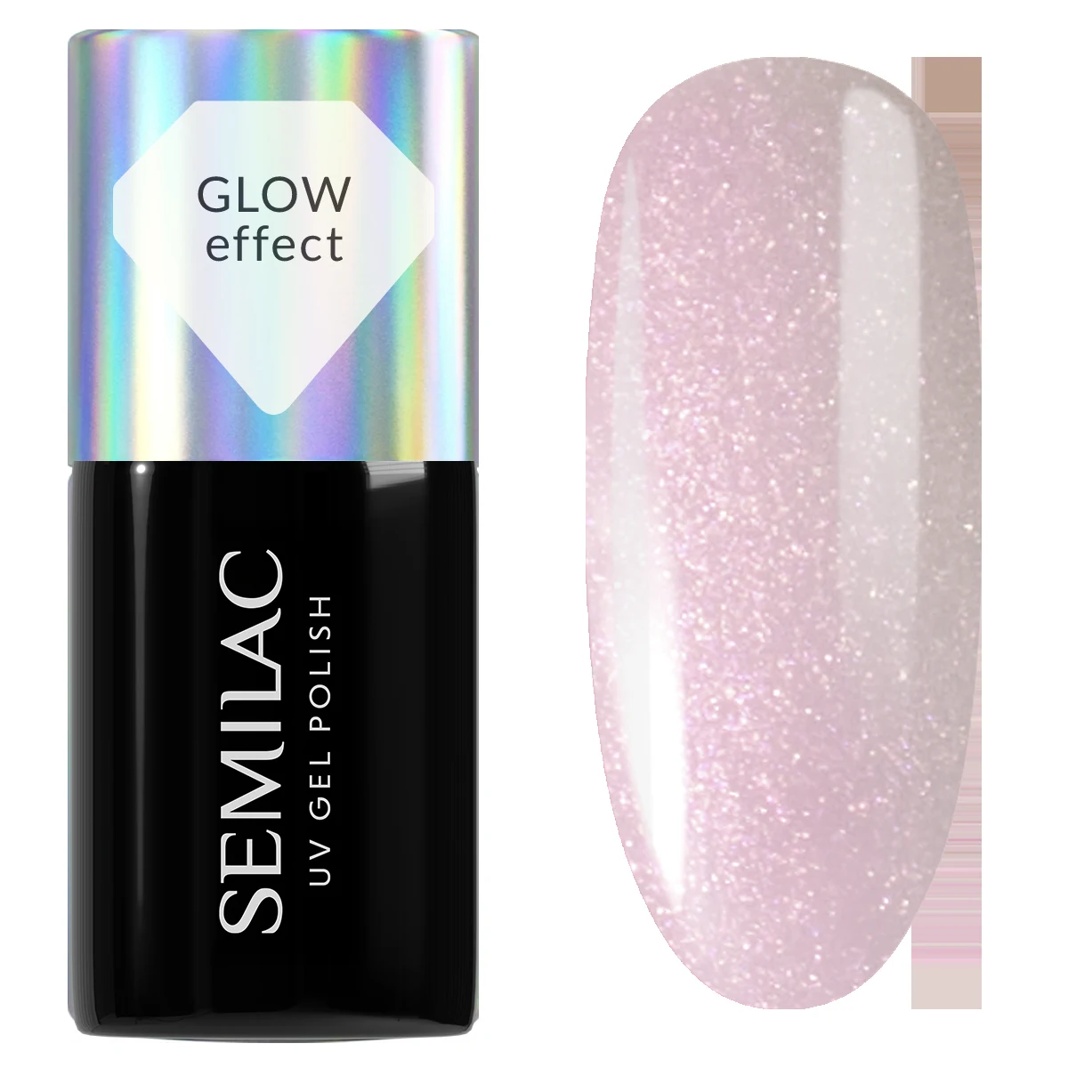 Envase oficial Semilac Cream Pink Glow 987 y muestra rosa con destellos