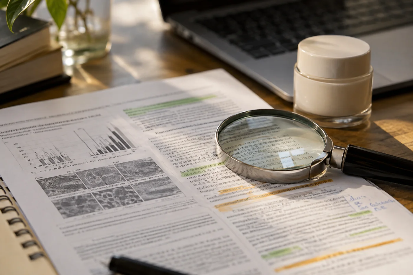 Documentos de trabajo junto a un ordenador y un tarro cosmético sin marca