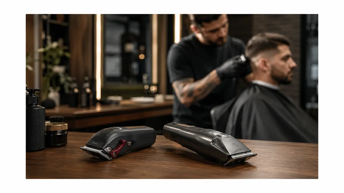 Dos máquinas profesionales en una barbería que ilustran la comparativa StyleCraft Instinct X y Saber II