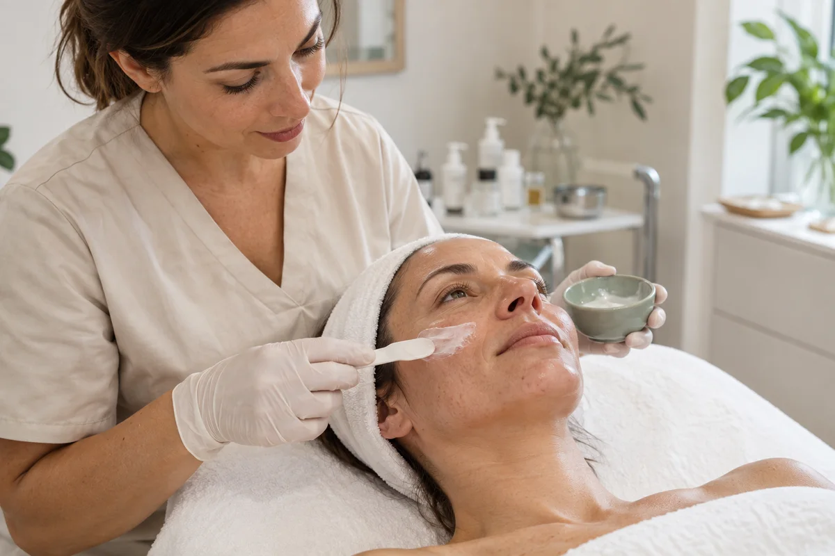 Profesional de estética aplica un tratamiento hidratante a una clienta después del verano