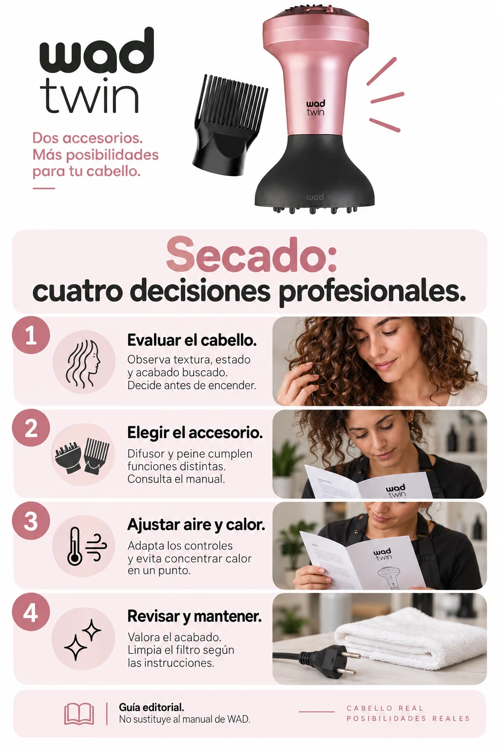Infografía para evaluar cabello, elegir accesorio, ajustar controles y mantener la herramienta