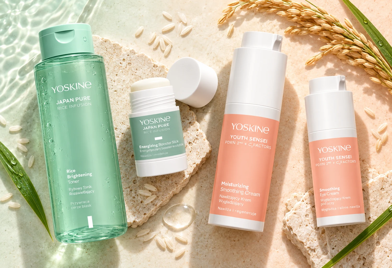 Productos Yoskine Japan Pure Rice Infusion y Youth Sensei para cuidar la piel después del verano