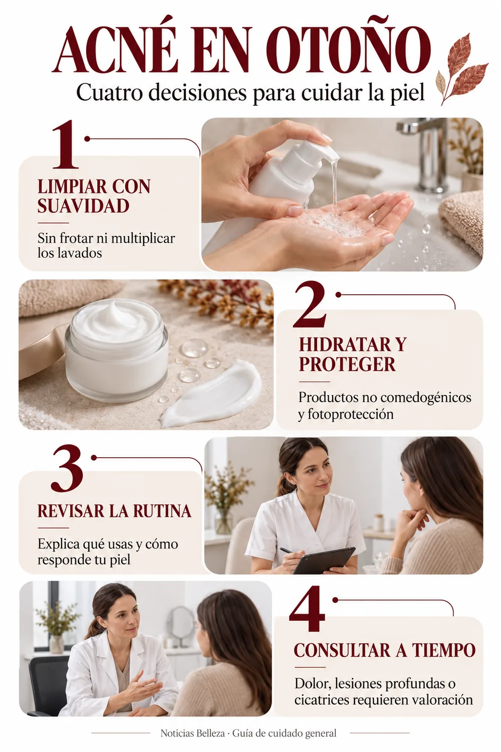 Infografía sobre acné en otoño: limpiar, hidratar, revisar la rutina y consultar a tiempo