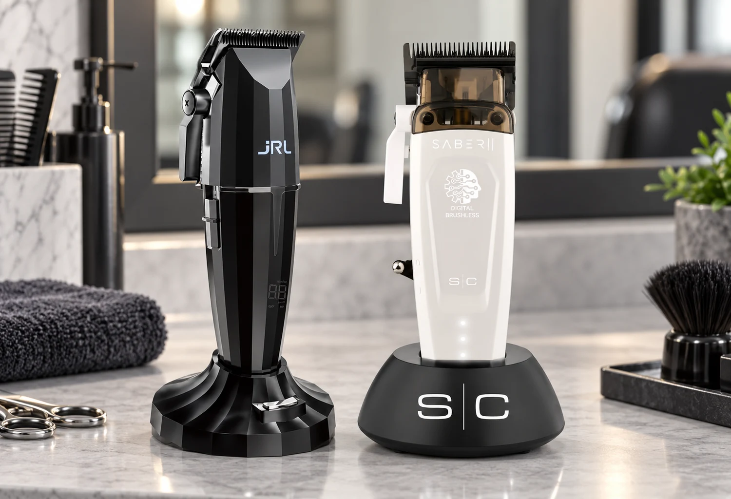 JRL Onyx negra y StyleCraft Saber II blanca junto a sus bases