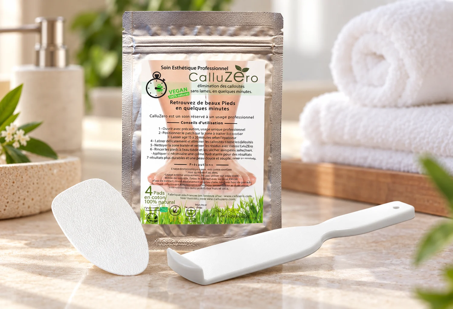 Sachet de parches CalluZEro junto al utensilio de retirada en una cabina