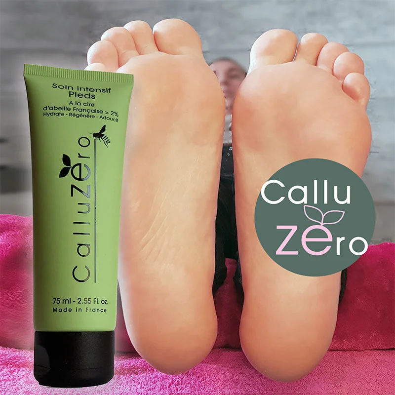 Tubo de crema CalluZEro junto a dos pies en una imagen promocional