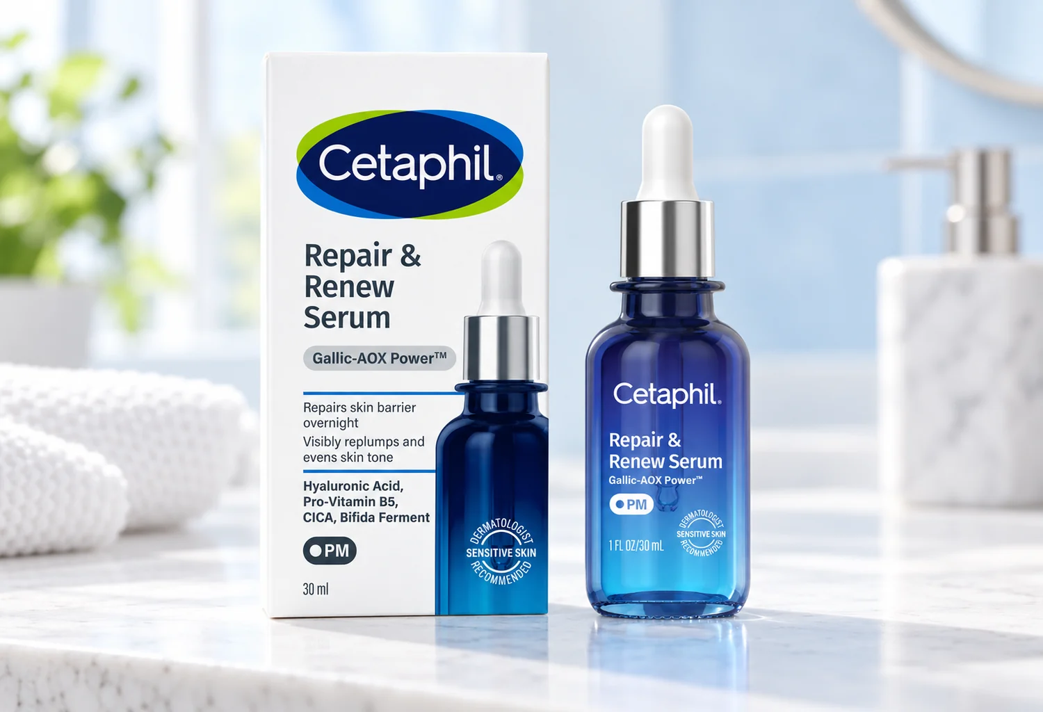 Sérum Cetaphil Repair & Renew PM con su caja y logotipo