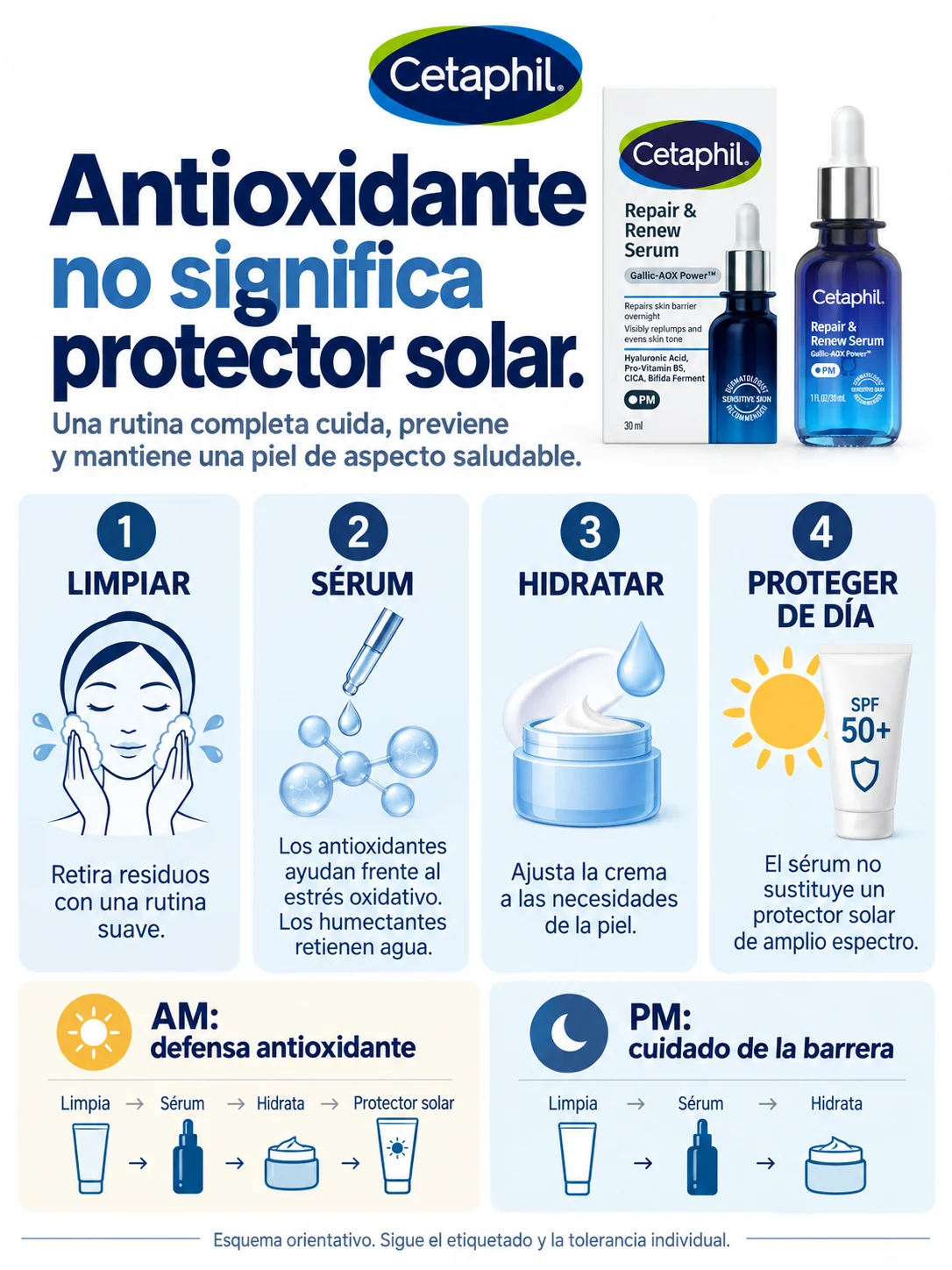 Infografía con limpieza, sérum, hidratación y protección solar