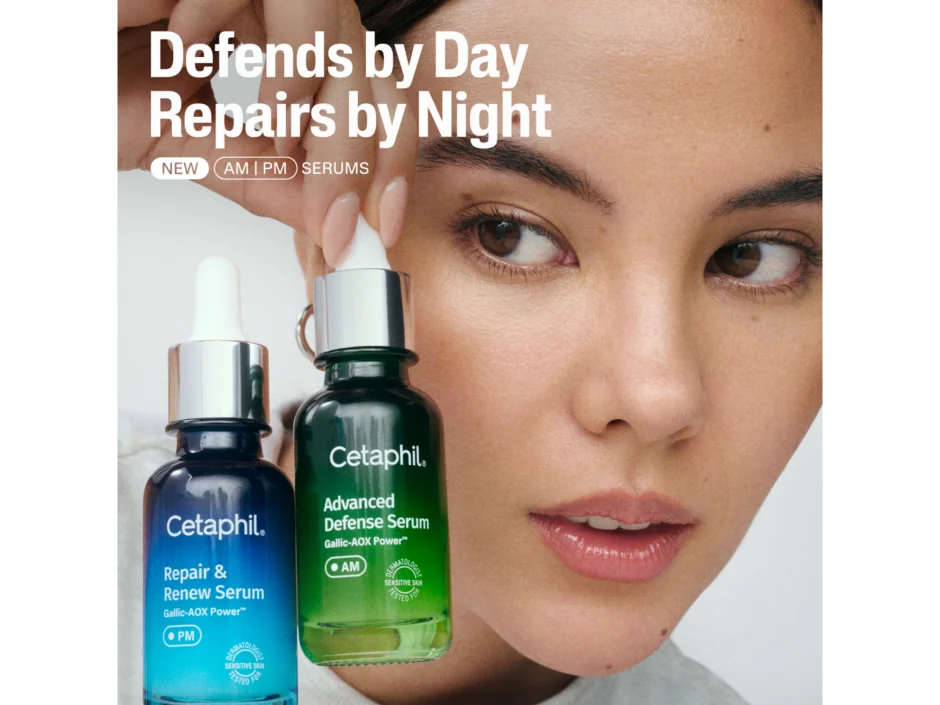 Modelo de la campaña Cetaphil con los sérums AM y PM