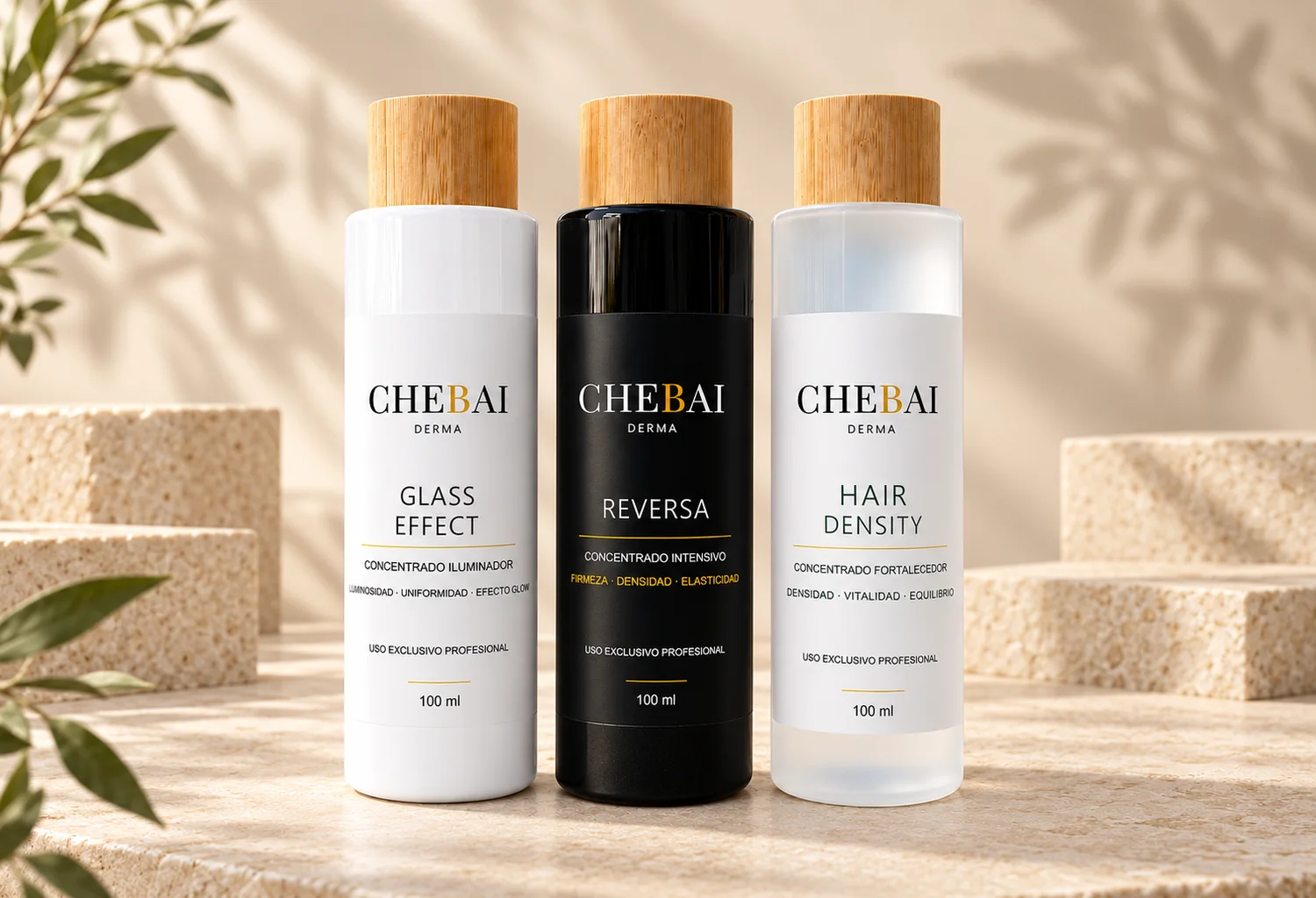 Tres concentrados de exosomas vegetales CHEBAI DERMA: Glass Effect, Reversa y Hair Density