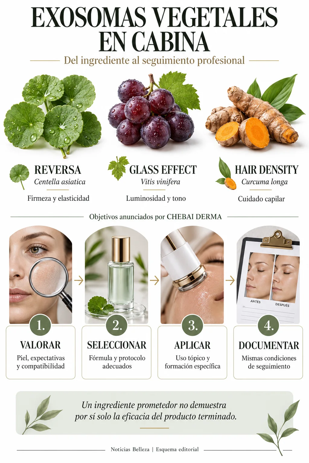 Infografía de exosomas vegetales en cabina: ingredientes de CHEBAI DERMA y fases de valoración, selección, aplicación tópica y seguimiento