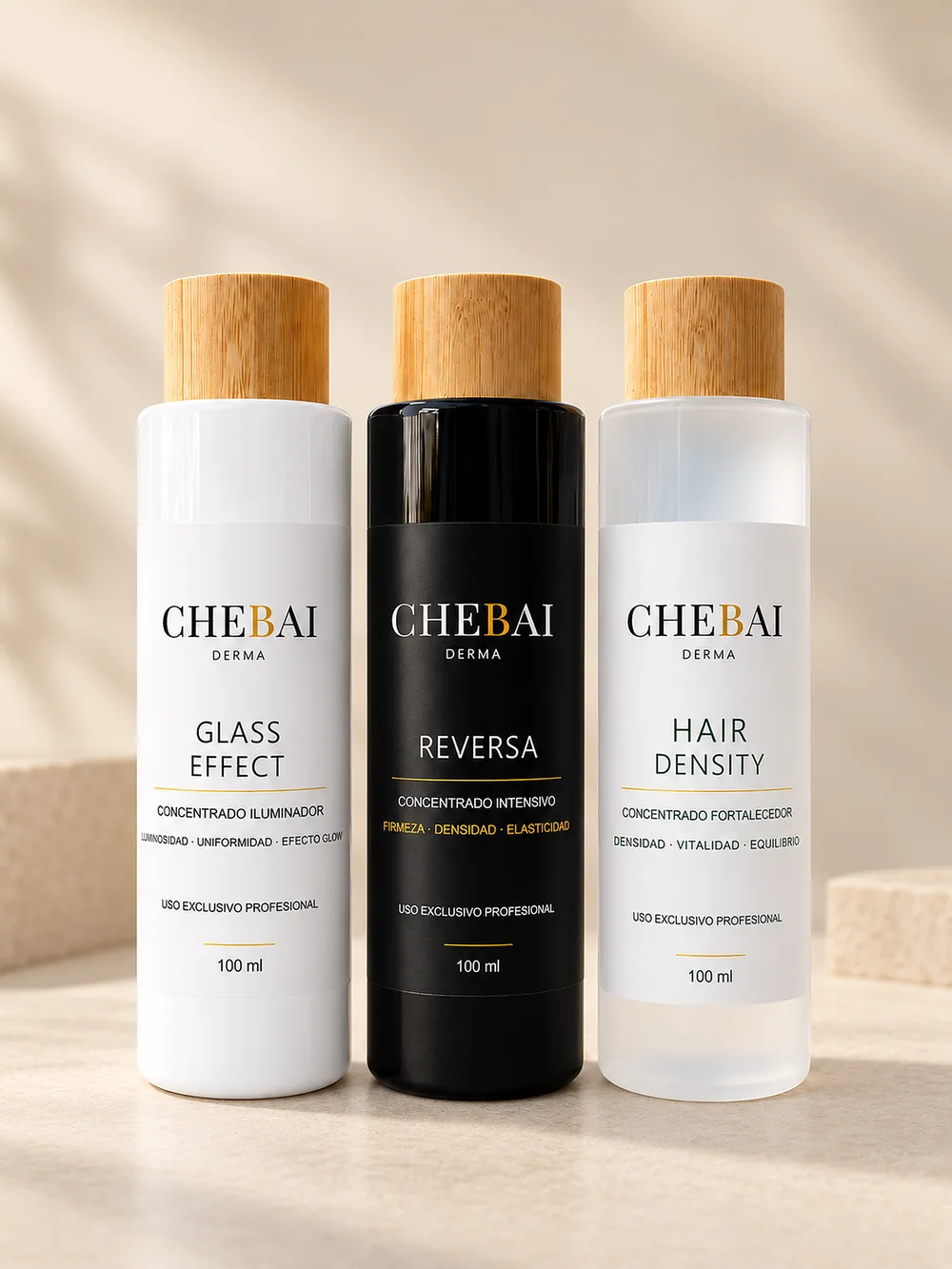 Envases de 100 ml de Glass Effect, Reversa y Hair Density de CHEBAI DERMA