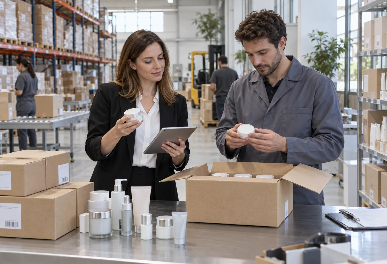 Profesionales revisan envases y documentación en un almacén cosmético