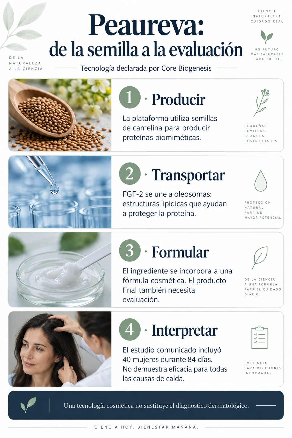 Infografía de Peaureva con producción, transporte, formulación y evaluación