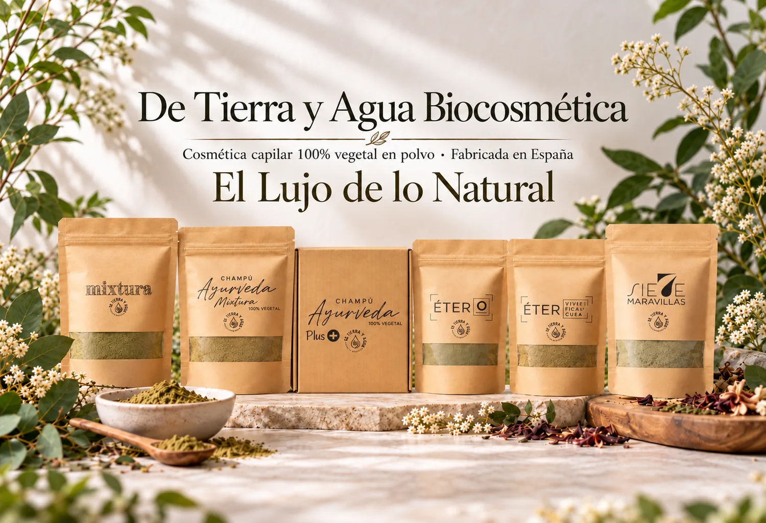 Gama de cosmética capilar vegetal De Tierra y Agua con Mixtura, champús Ayurveda y tratamientos