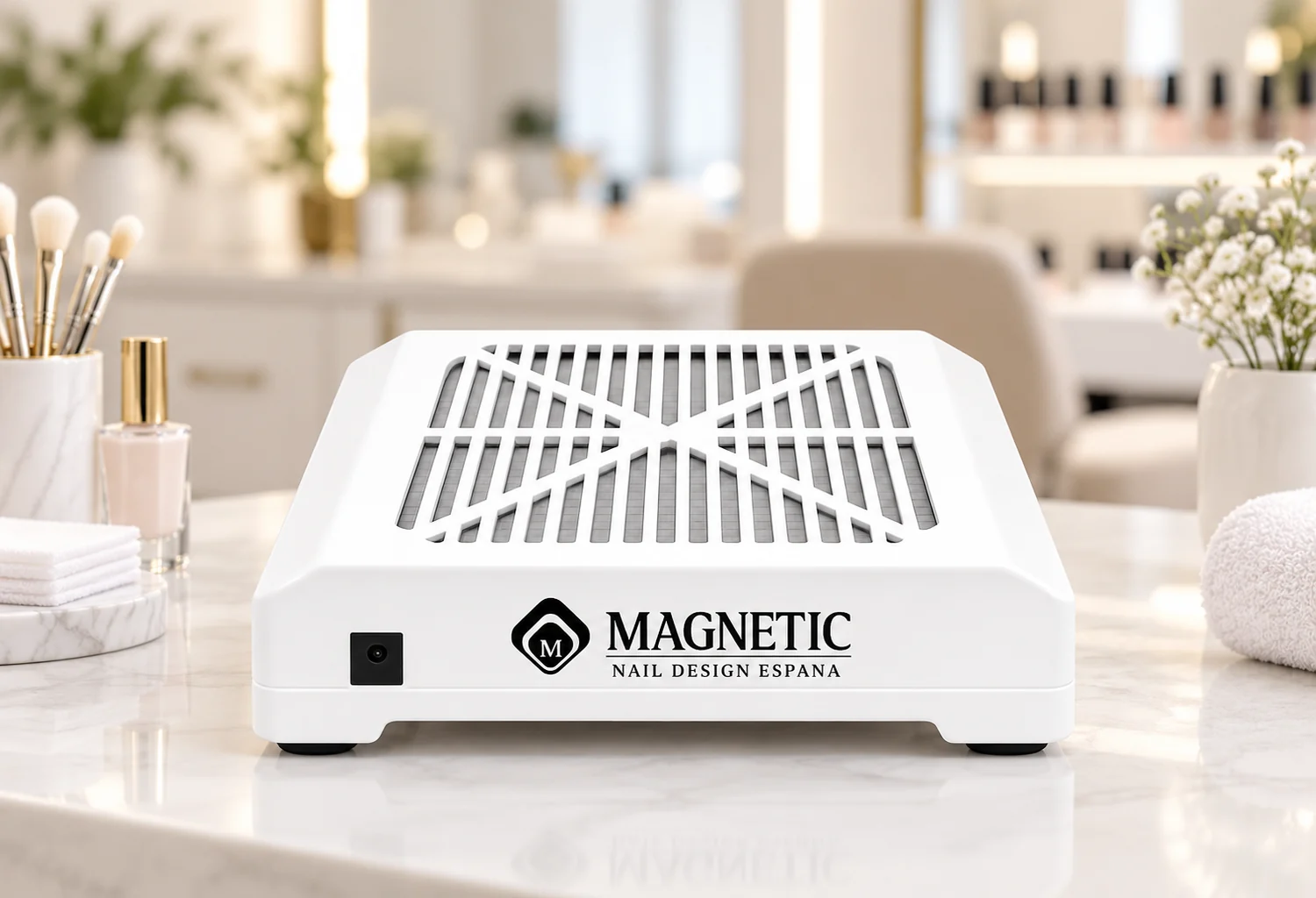 Aspirador Magnetic Power Vent en una mesa de manicura