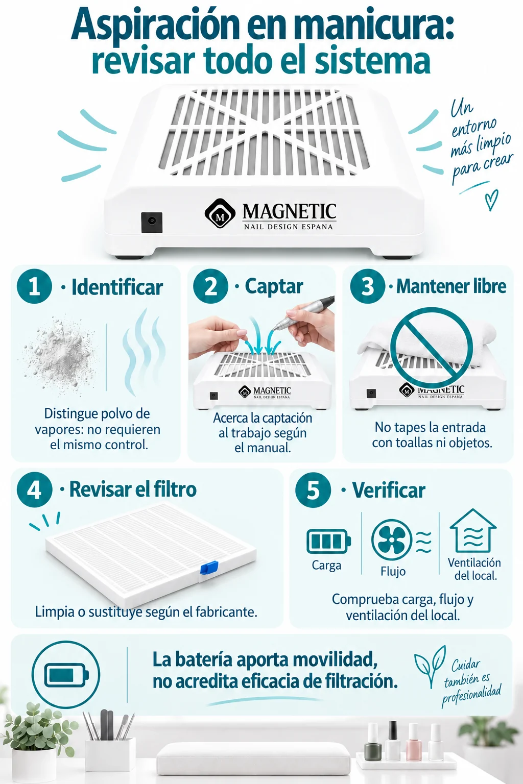 Infografía con cinco revisiones de captación, filtro y ventilación
