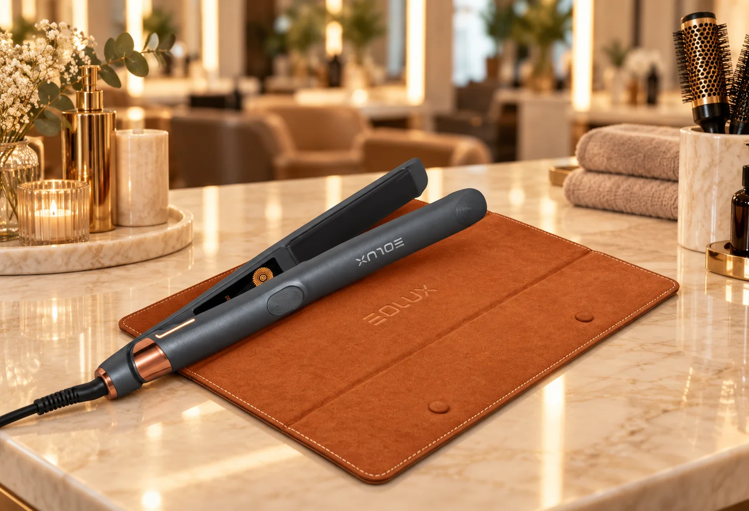 Plancha EOLUX NanoTech Pro de color bronce presentada en un entorno de peluquería