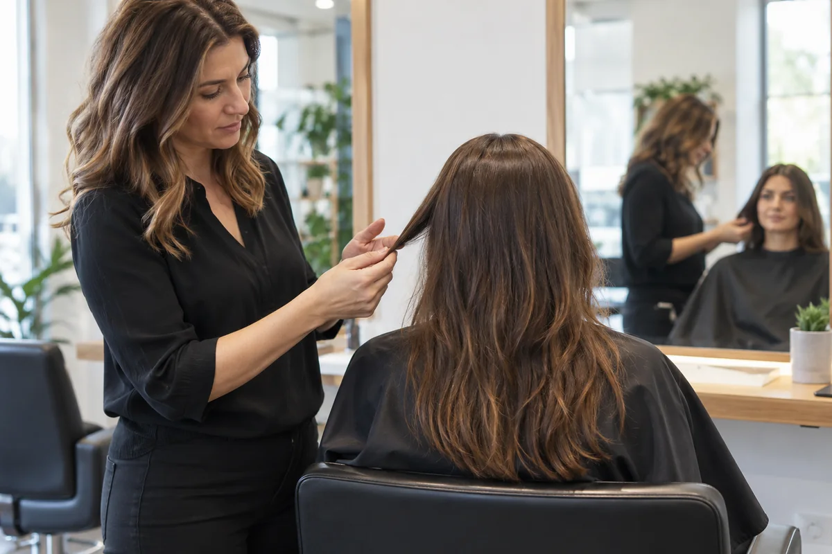Profesional conversa con una clienta mientras observa el estado de su cabello seco
