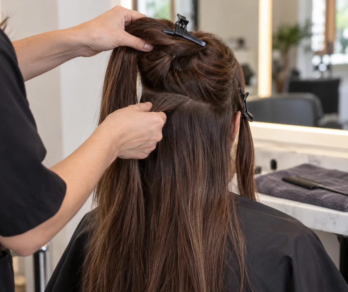 Manos de un profesional organizan secciones de cabello seco en un salón