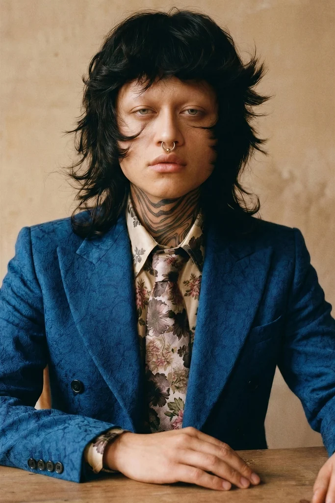 Modelo de BUSTED con cabello oscuro y chaqueta azul