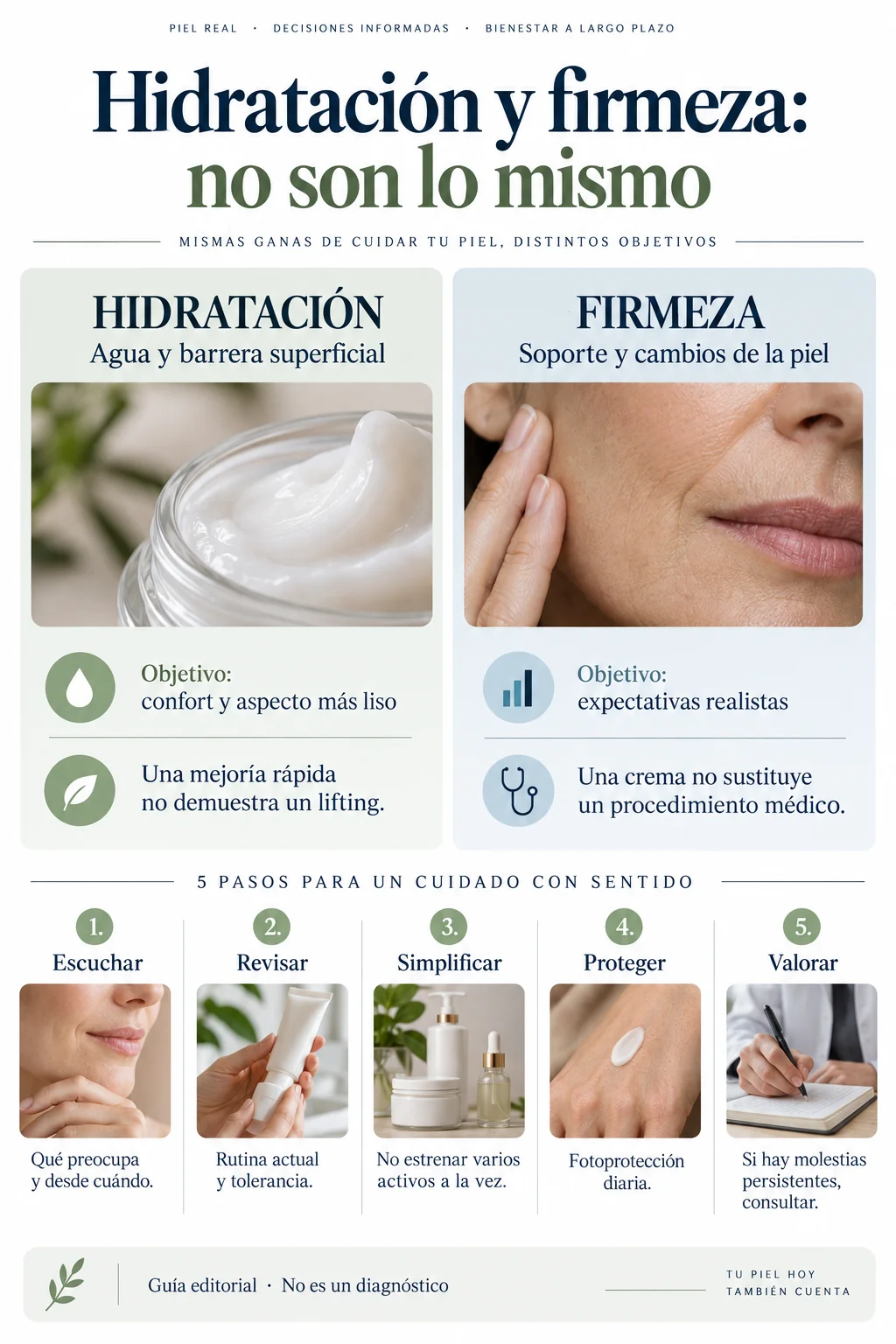 Infografía sobre hidratación y firmeza con cinco pasos de cuidado