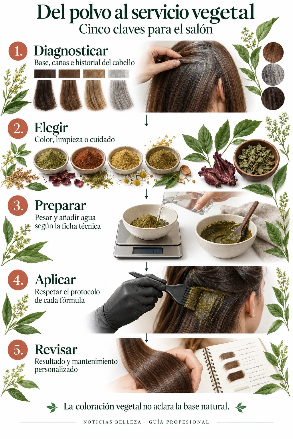 Infografía de cosmética capilar vegetal: diagnosticar, elegir, preparar, aplicar y revisar