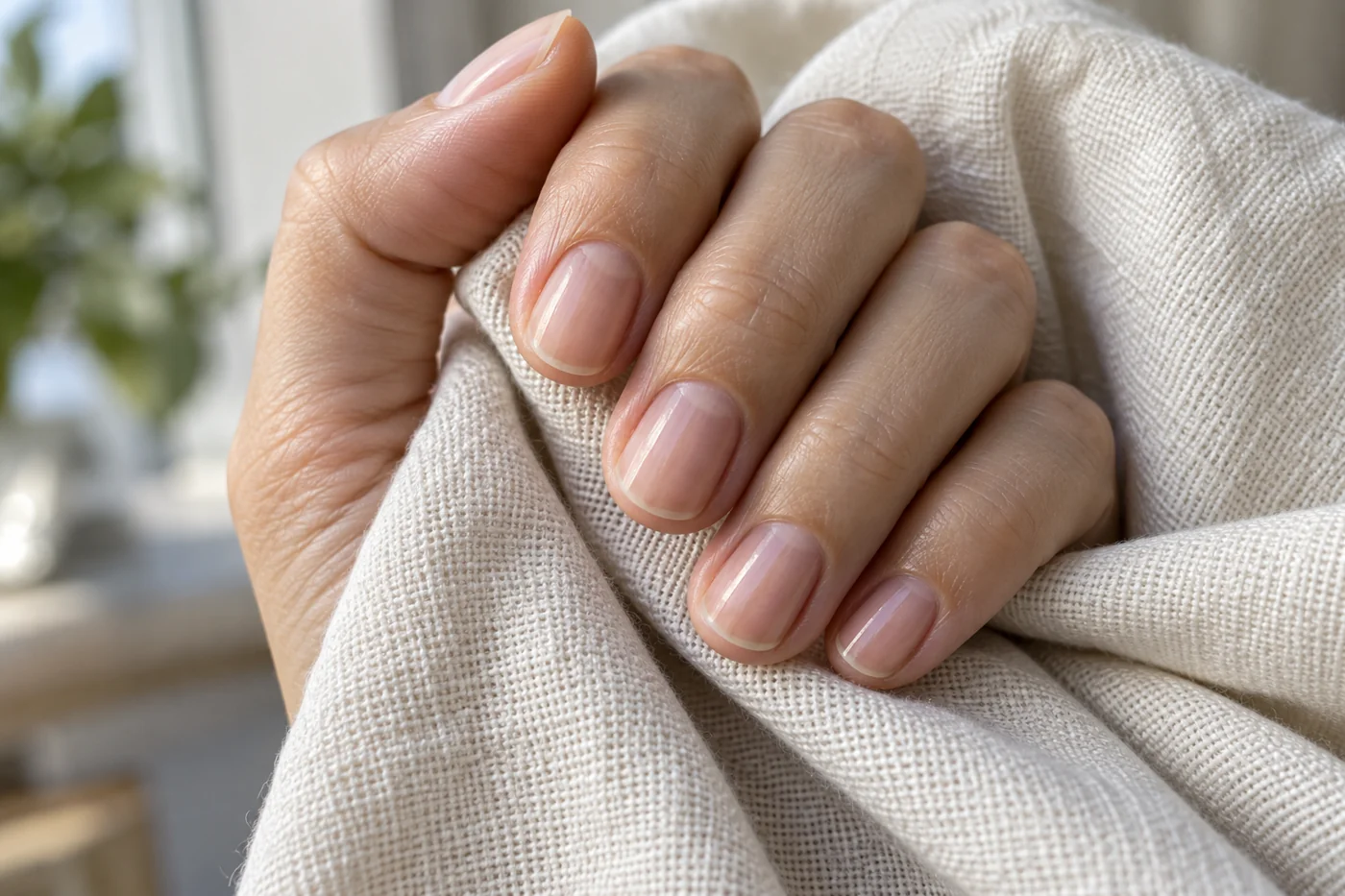 Primer plano de uñas naturales cortas con brillo suave